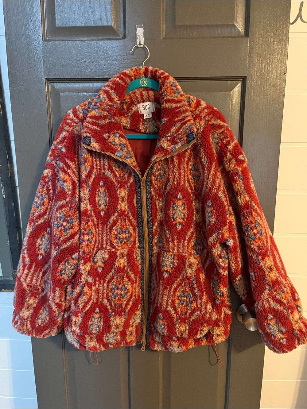 Urban Outfitters Red Patterned Teddy Zip Jacket